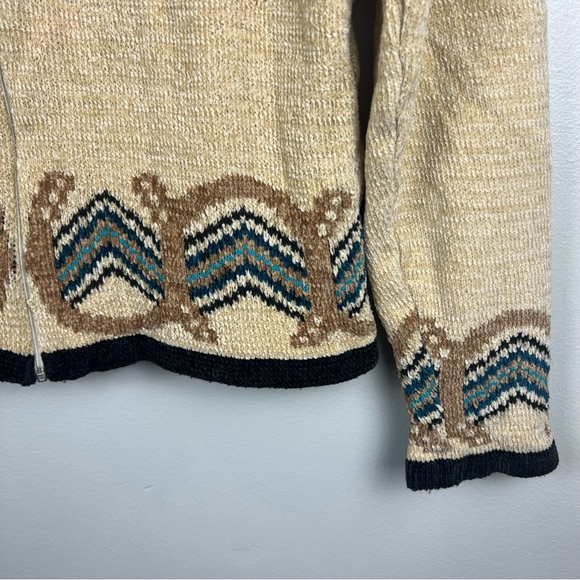 Vintage Wrangler Zip Chenille Sweater Jacket M Tan Blue Horseshoe Detail at Hem - Picture 3 of 7